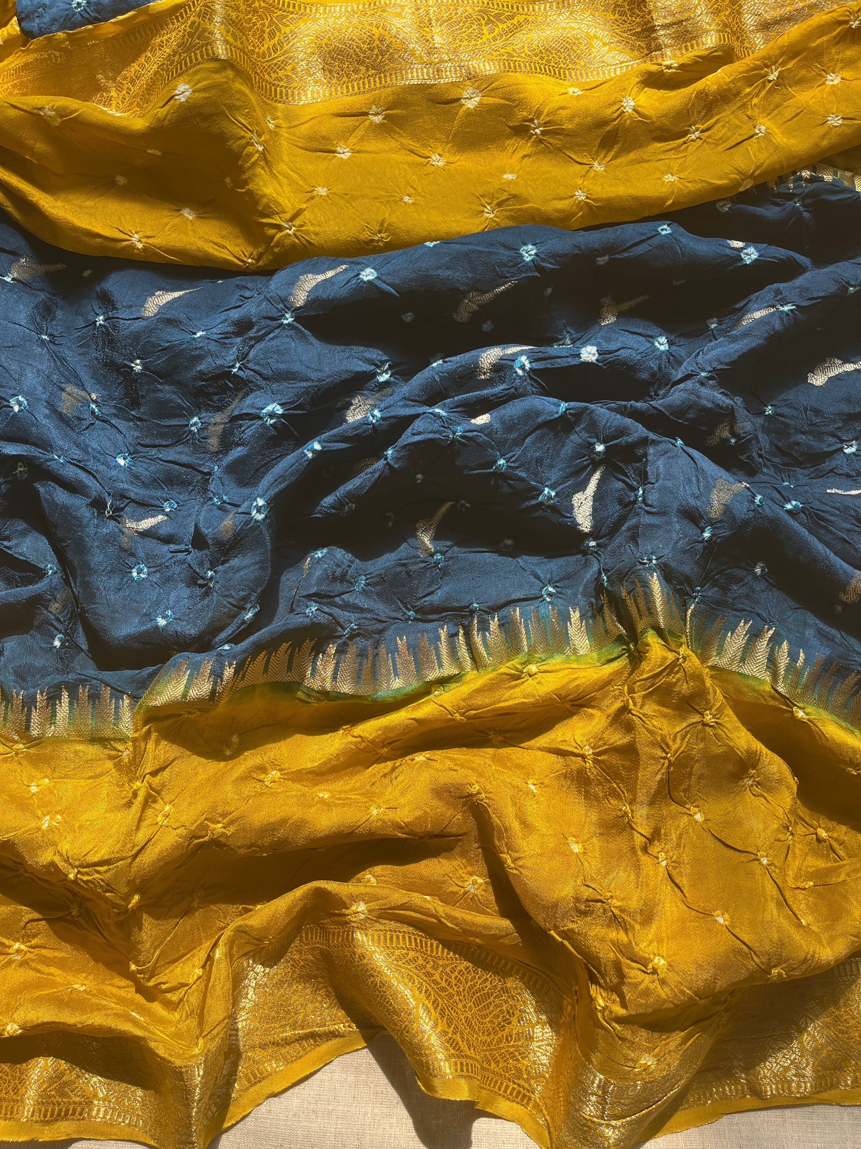 Blue with Mustard Bandhini Art Silk Saree